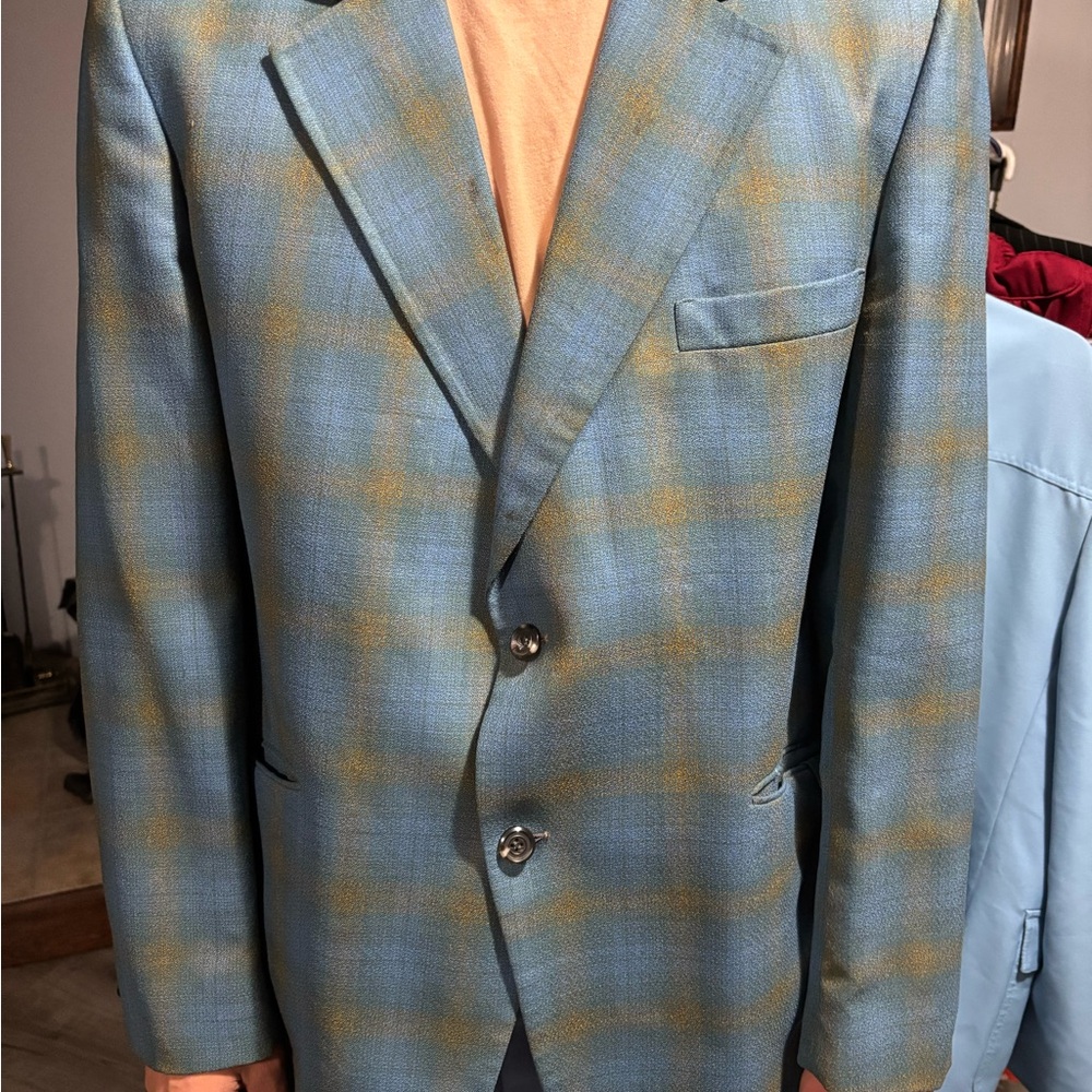 Sears Men's Blue and Gold Checkered Blazer Vintage